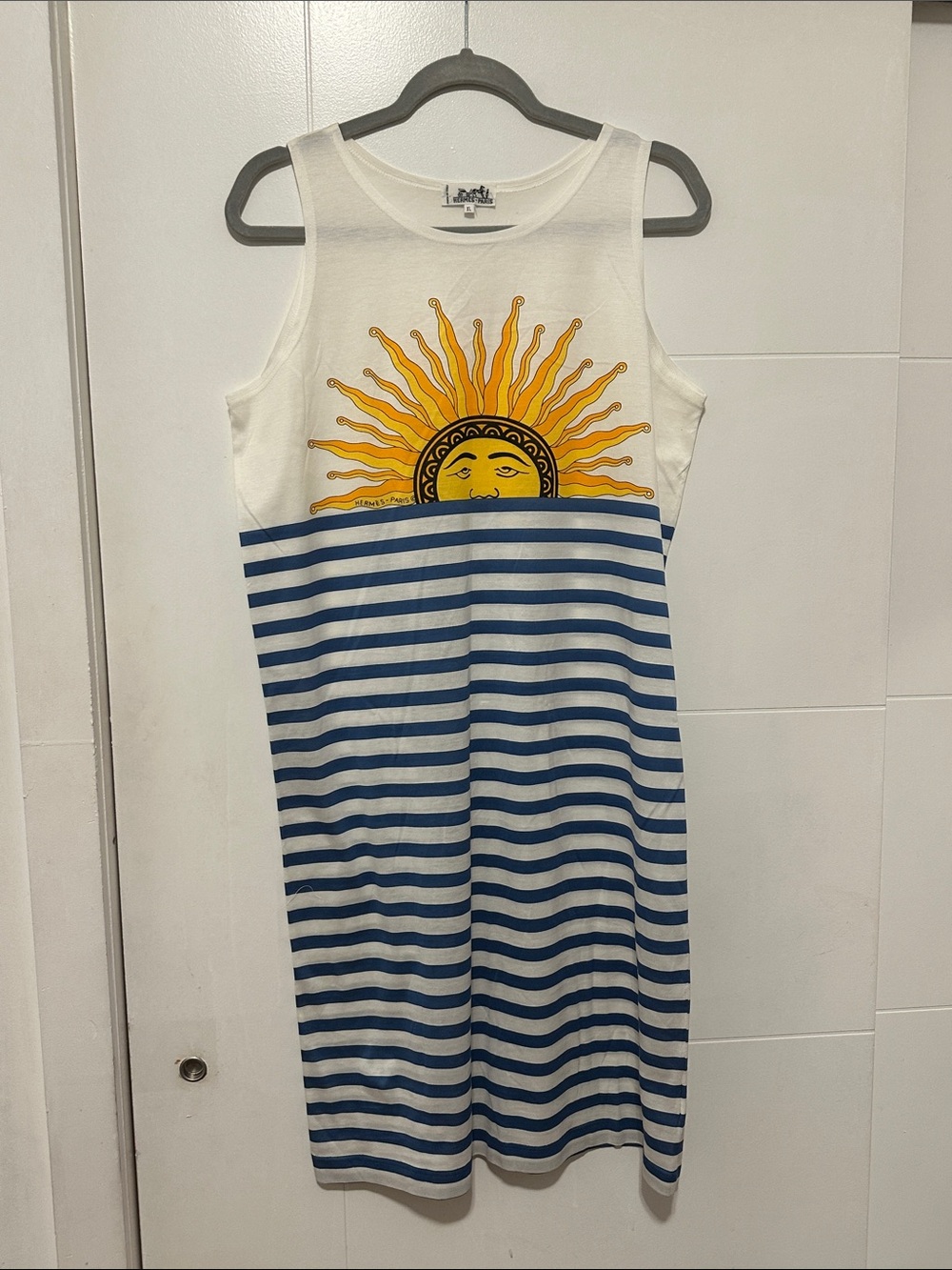 Hermes White Tank Maxi Dress with Yellow Sun and Blue Stripes